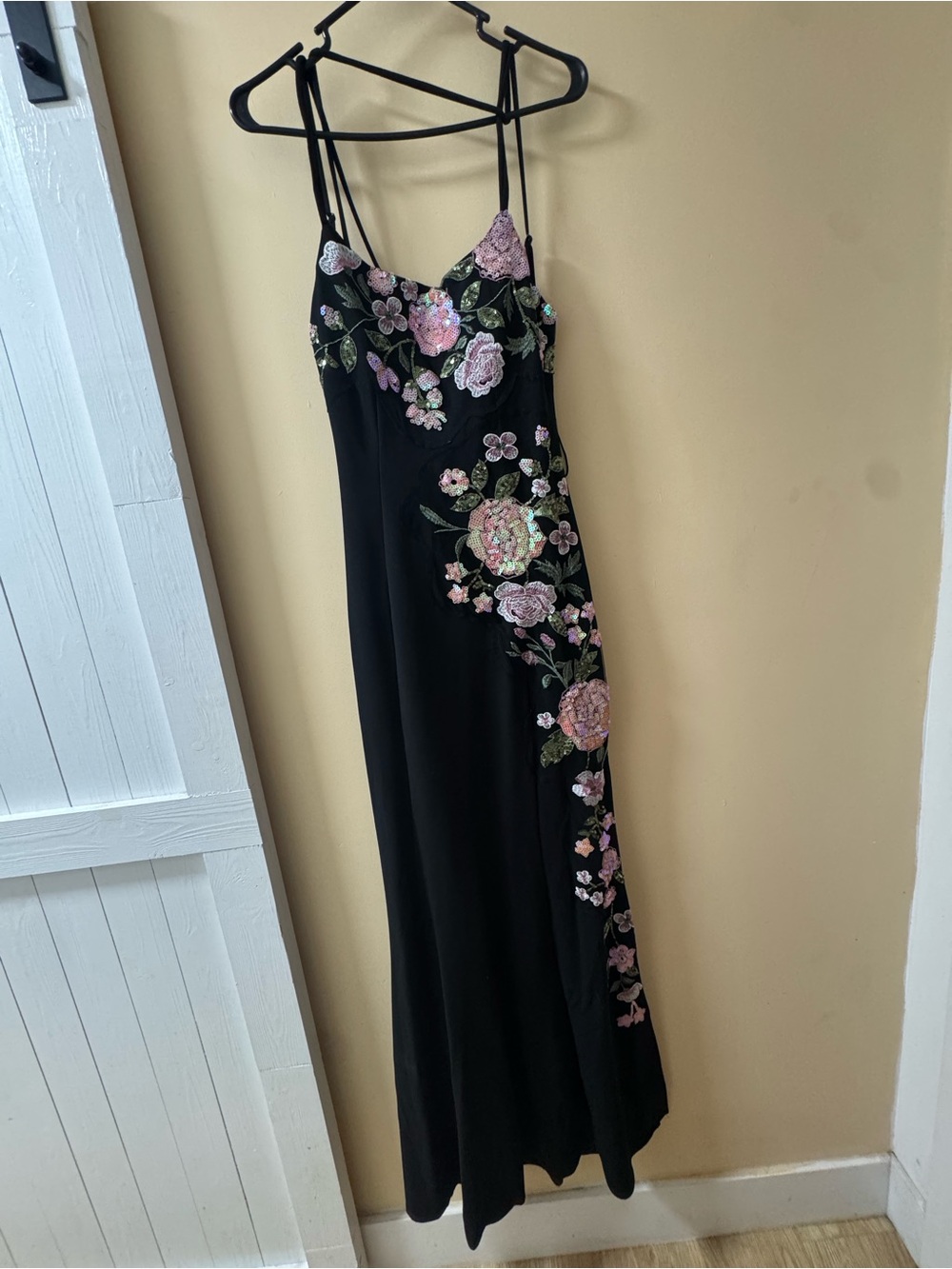 Macy's Black Slip Dress with Pink & Green Floral Embroidery